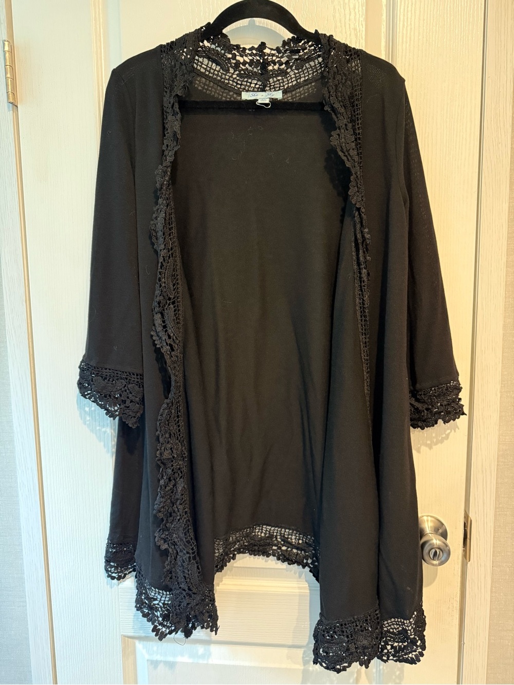 She + Sky Black Crochet-Trim Open Front Cardigan